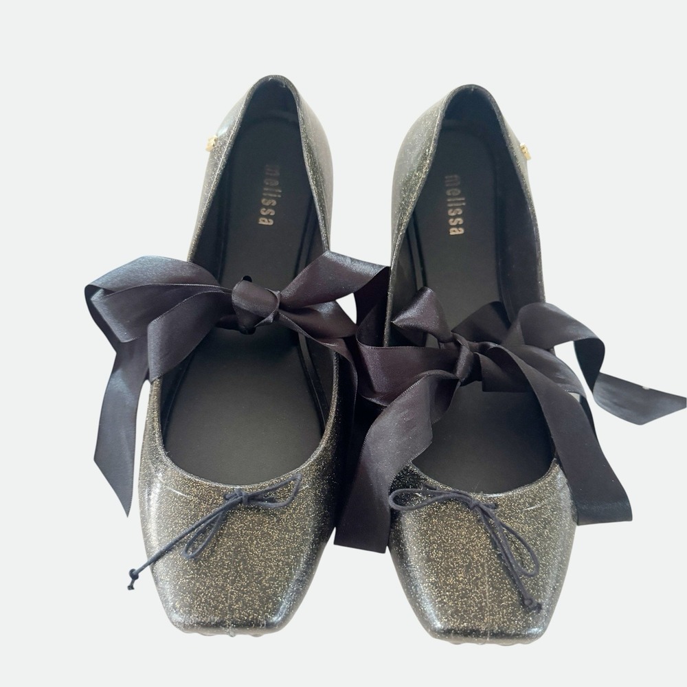 Melissa Ribbon Ballet Ankle Tie Black Gold size 9 Whimsigoth Fairygoth Ballerina